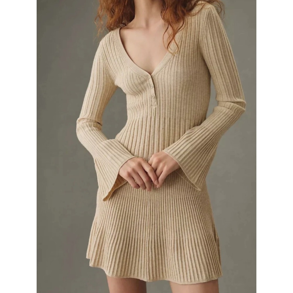 Daily‎ Practice Mini Sweater Dress Sz XS Tan Ribbed Knit Fit & Flare Bell Sleeve